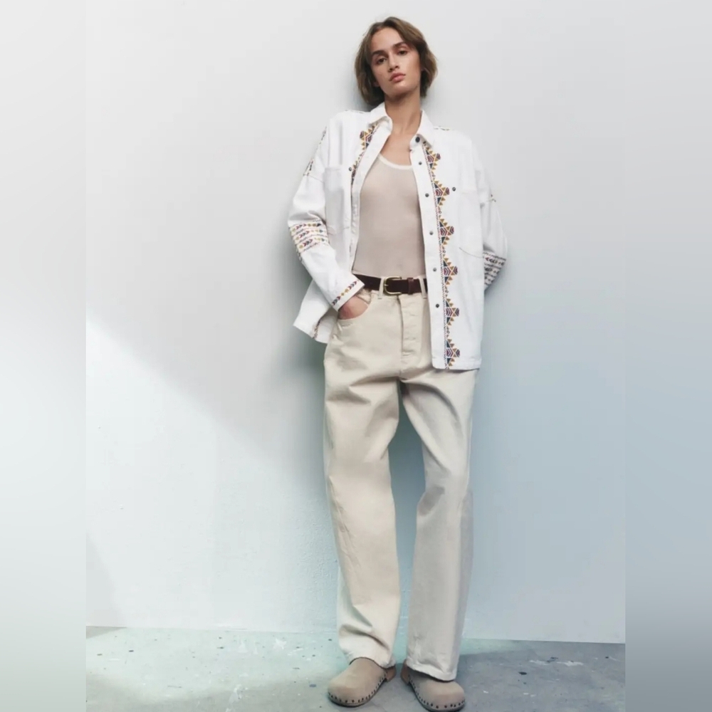 NWT Zara Southwestern Embroidered Denim Overshirt Jacket White Size Large Boho - Picture 2 of 16